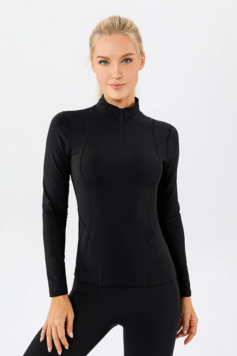 Mock neck active t-shirt in black, long sleeves, quarter-zip front