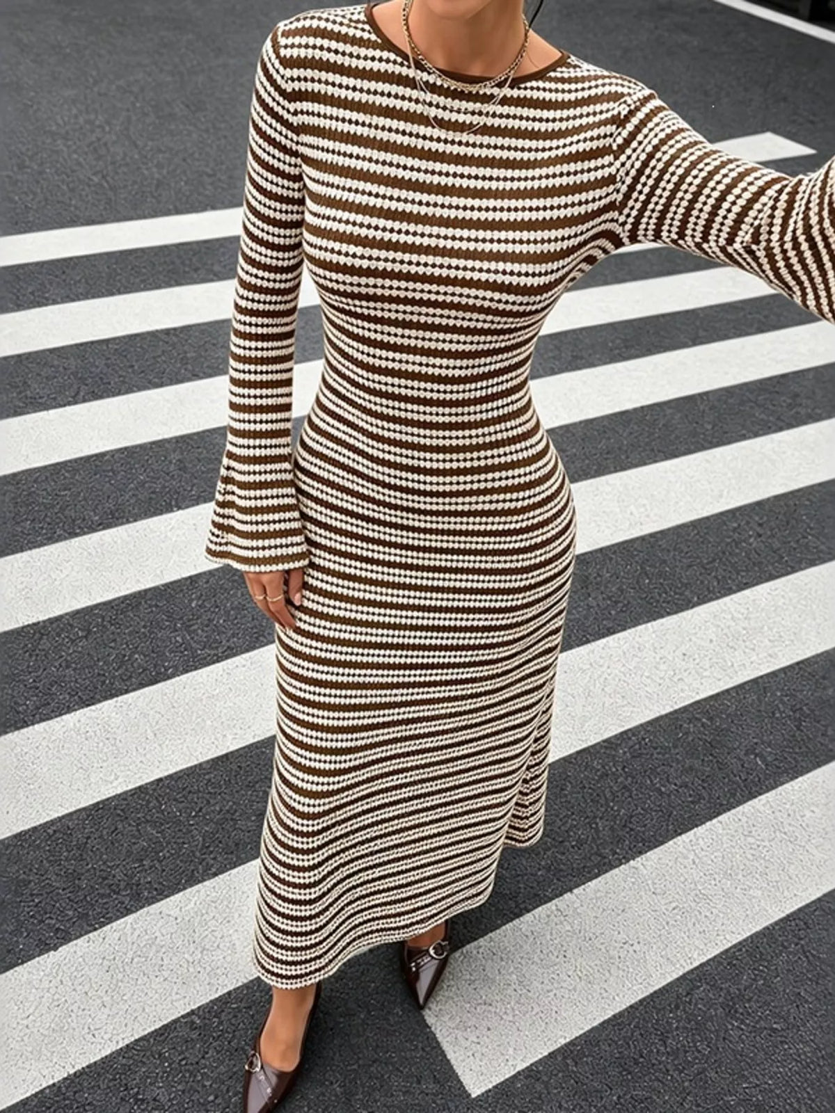 Brown and white striped ribbed knit midi dress with long flare sleeves and round neck