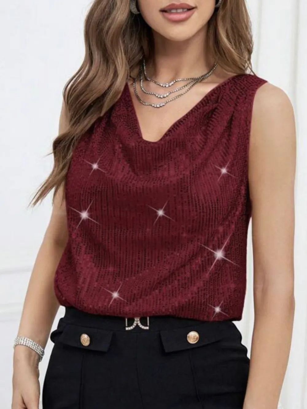 Burgundy sequin sleeveless tank with V-cowl neckline and shimmering texture