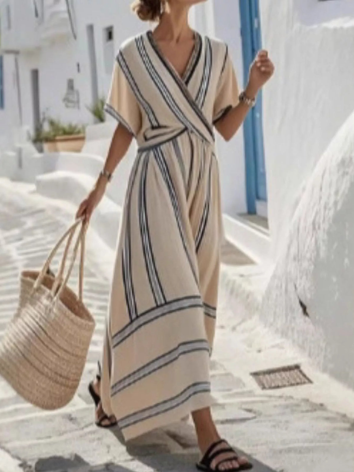 Striped surplice midi dress, beige with navy striped pattern and cinched wrap waist