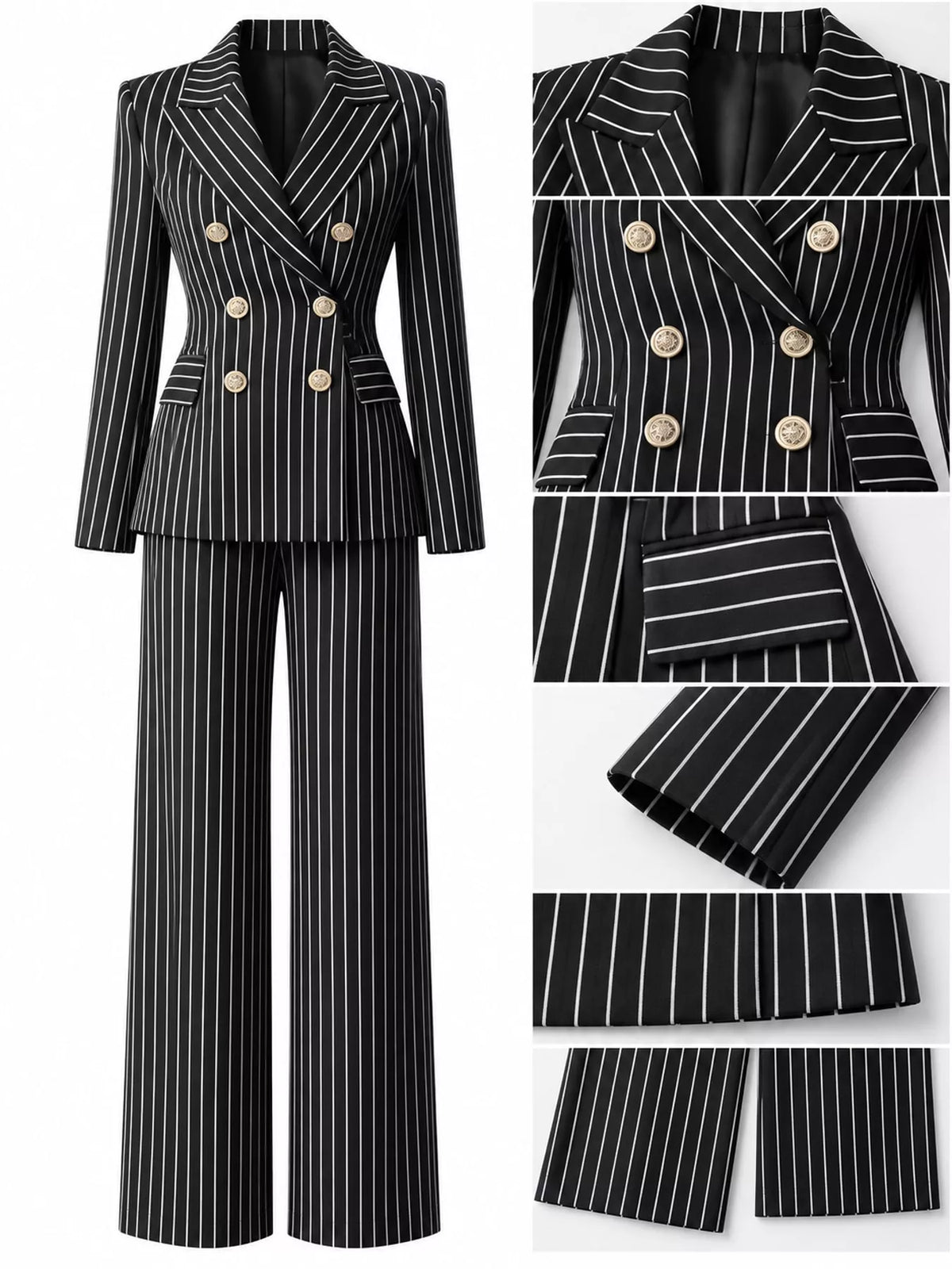 Double-breasted pinstripe blazer and wide-leg pants set with gold button detail