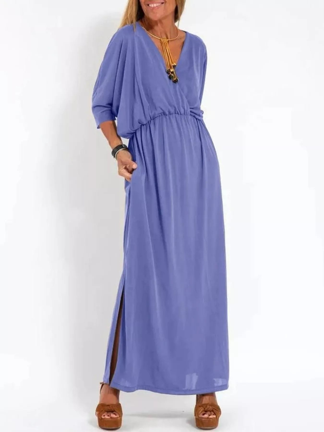 Blue V-neck batwing sleeve maxi dress with side slit and gathered waist