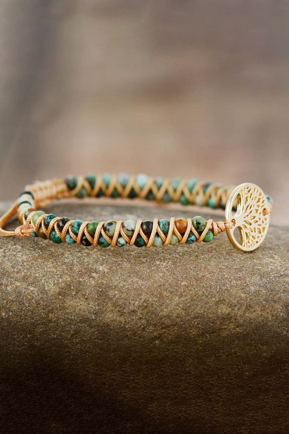 Handmade beaded bracelet, turquoise and orange braided band with gold tree disc clasp