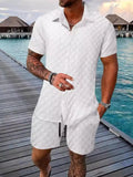 White textured collared short-sleeve shirt and matching shorts set with button front