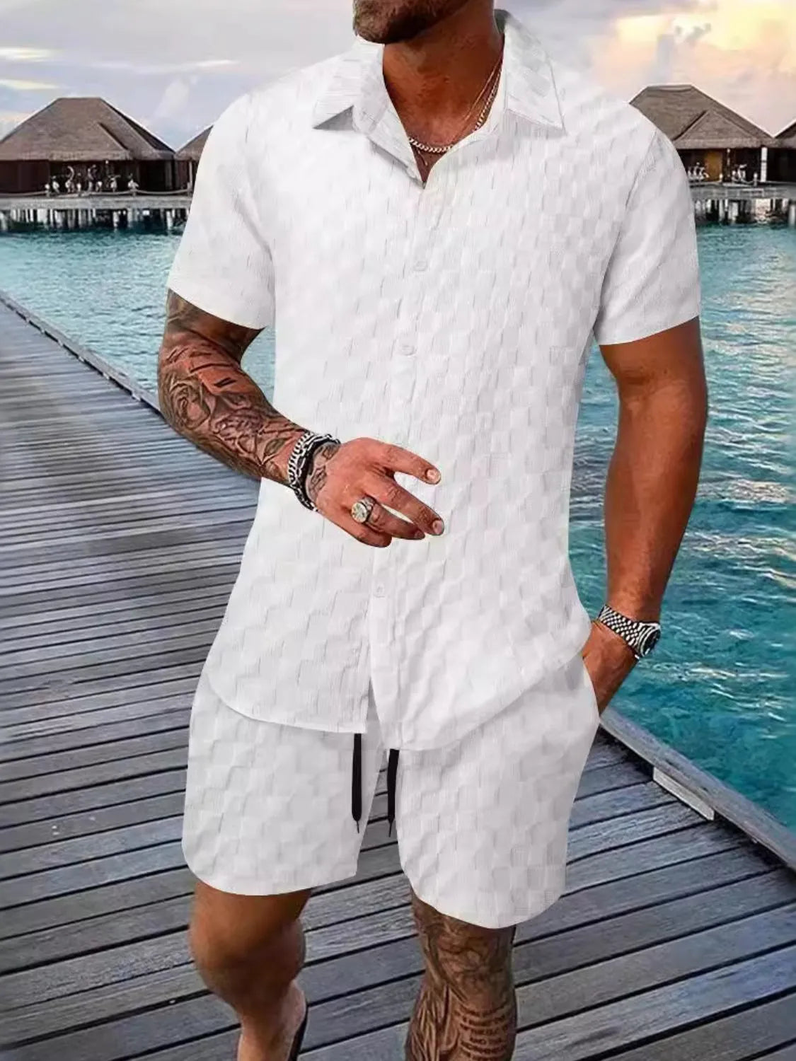 White textured collared short-sleeve shirt and matching shorts set with button front