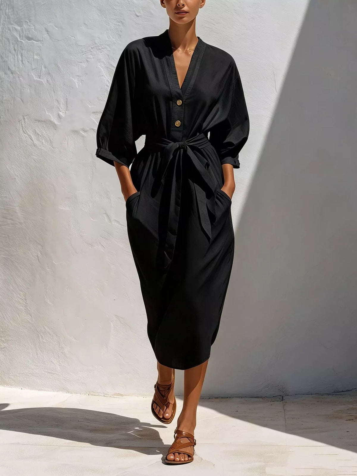 Black tie-waist V-neck midi dress with pockets, button-front and gathered waist tie