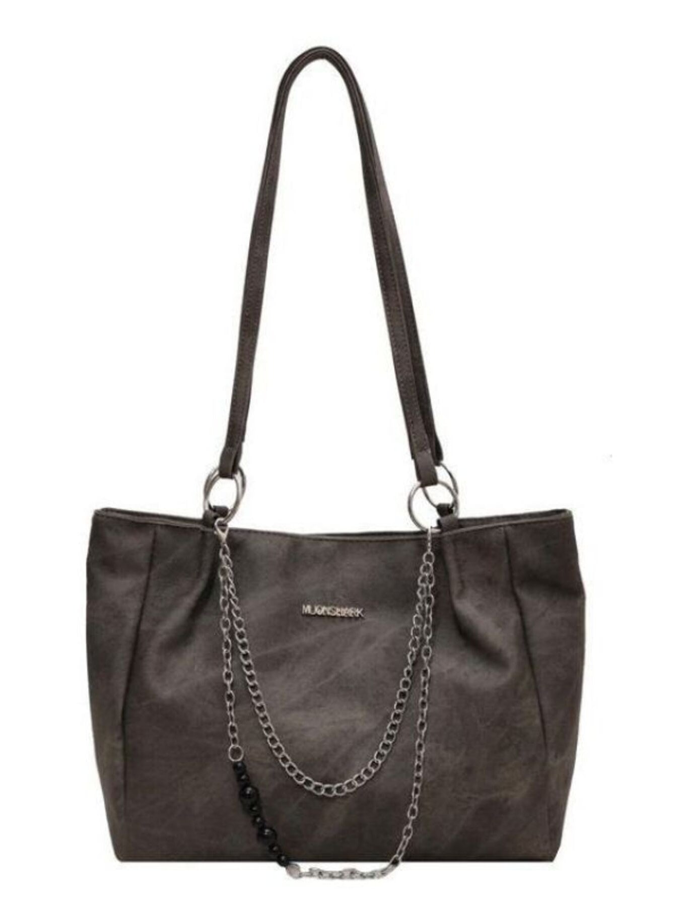 Chain Decor Shoulder Bag in dark PU by Trendsi with metal chain accents