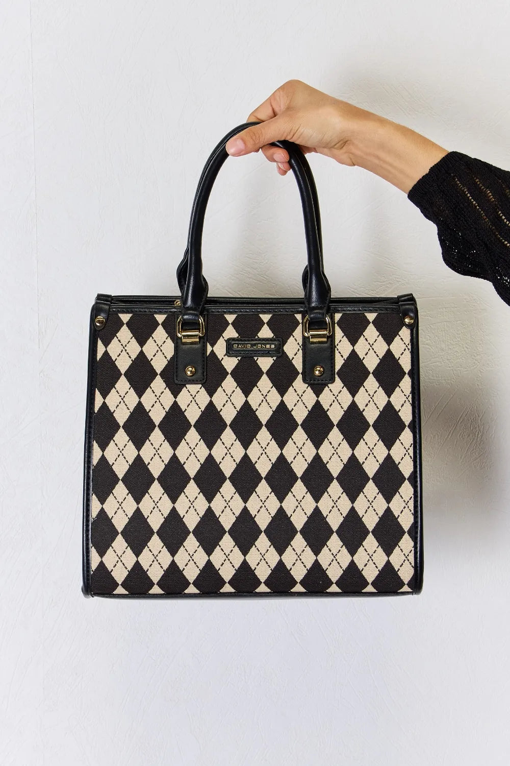 Argyle-pattern PU leather handbag with two top handles and black border, diamond print