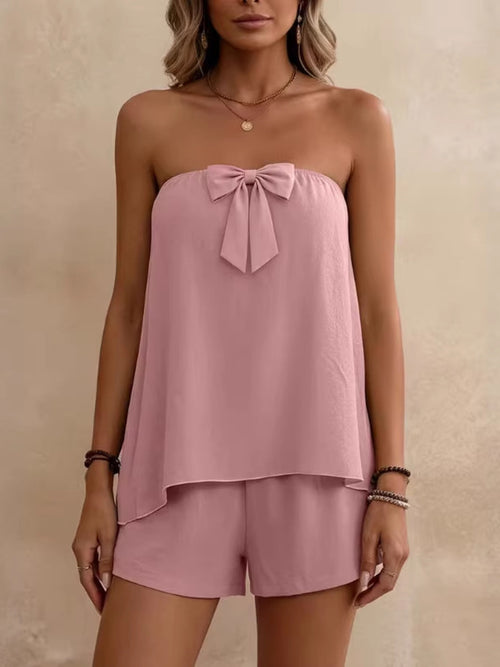 Pink bowknot tube top and shorts set, sleeveless with matching bow neckline