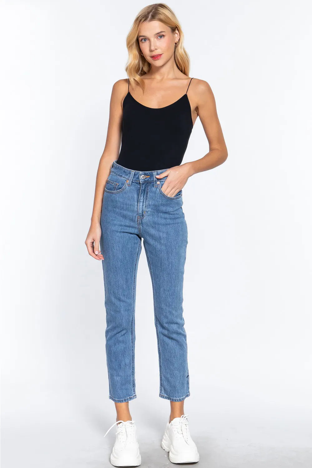 Black ribbed seamless cami bodysuit, full-length with thin spaghetti straps