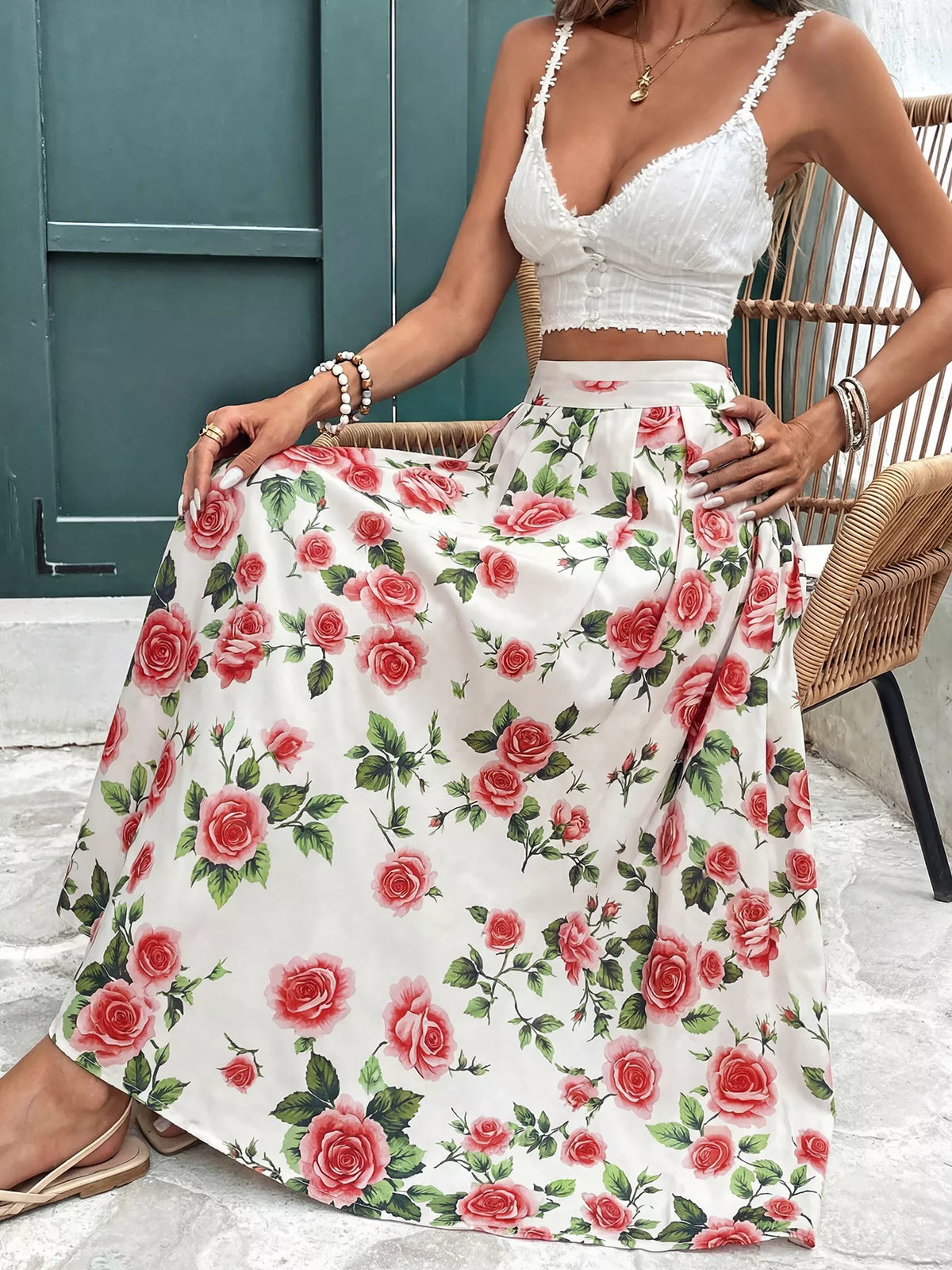 Floral rose print gathered maxi skirt, white base with red roses and green leaves