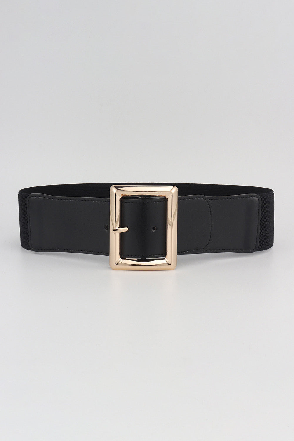Black wide elastic belt with centered rectangular gold buckle on waistband.