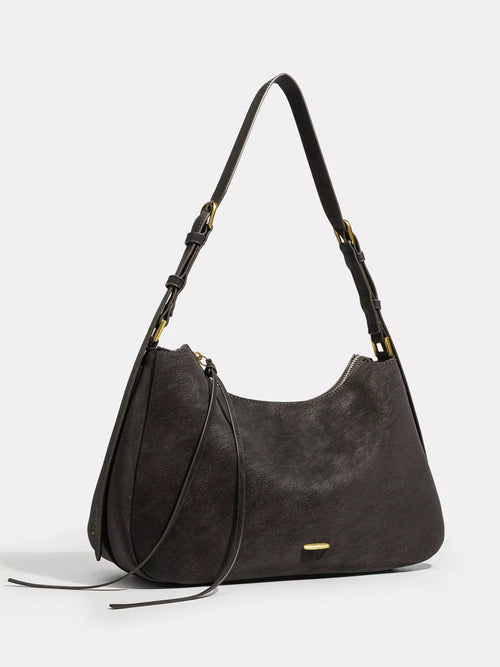 Coffee brown hobo shoulder bag with adjustable straps, slouchy shape, gold-tone accents