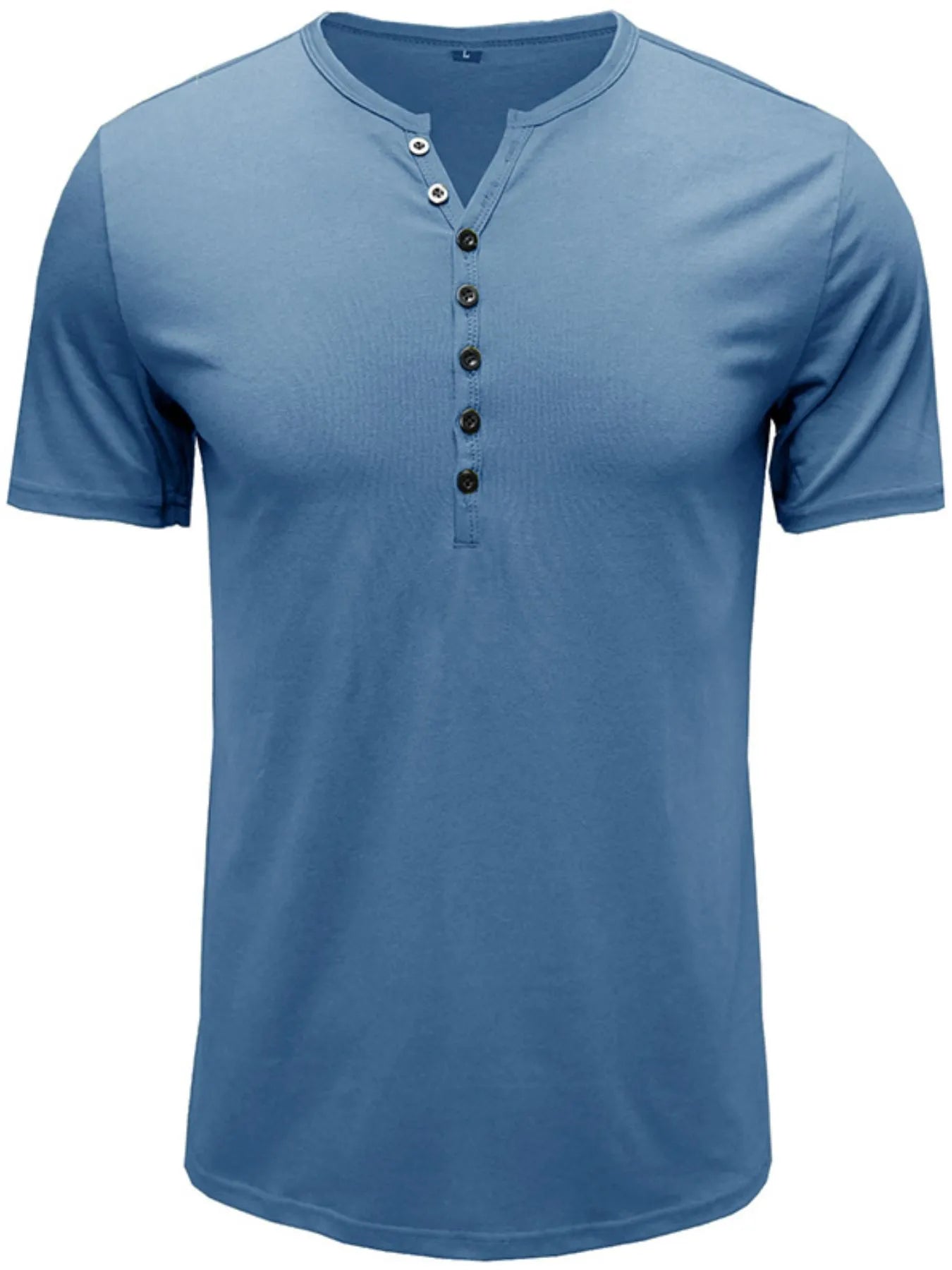 Light blue henley short-sleeve polo shirt with V-neck button placket