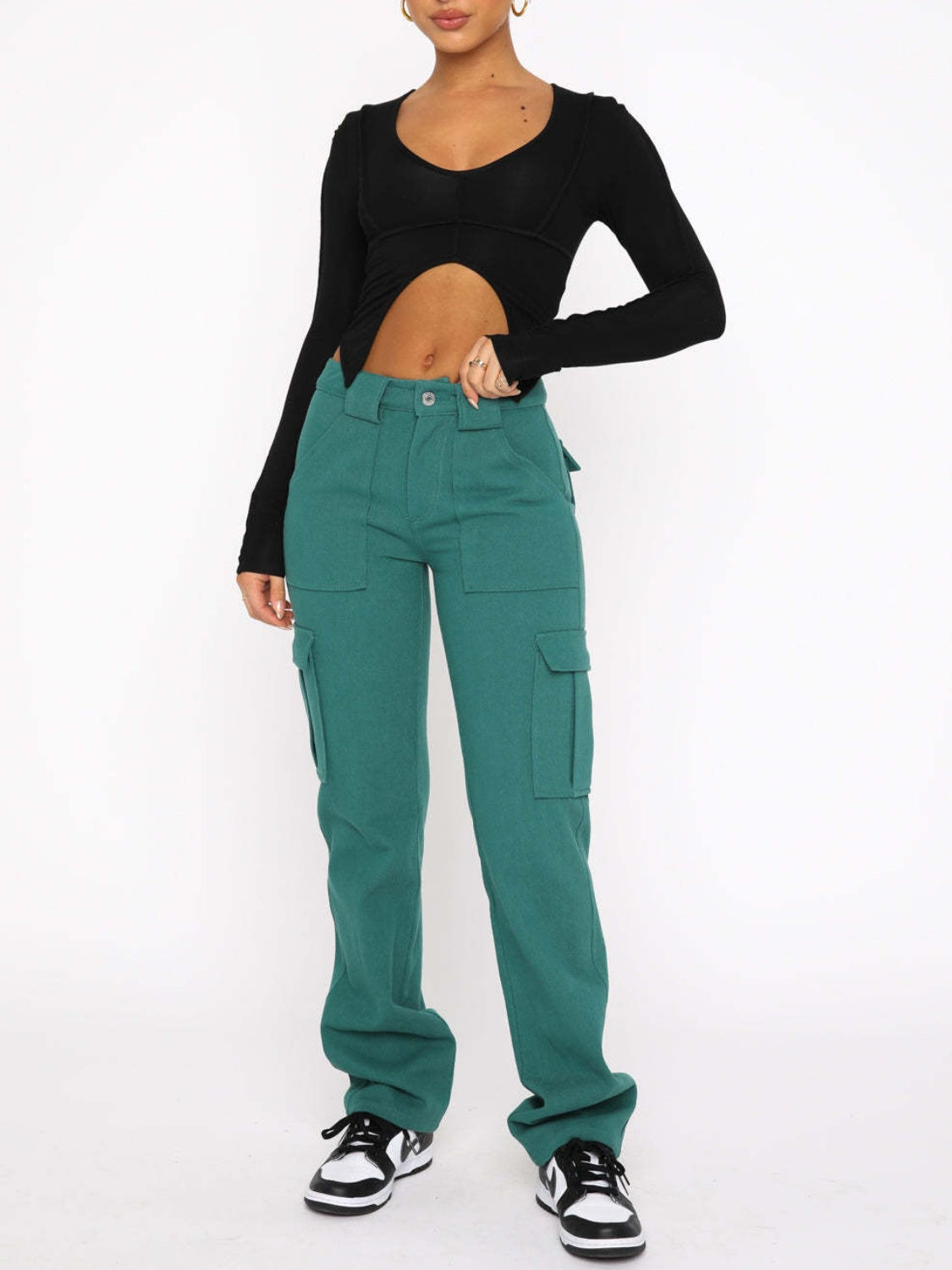 Turquoise straight-leg cargo pants with flap cargo pockets and belt loops