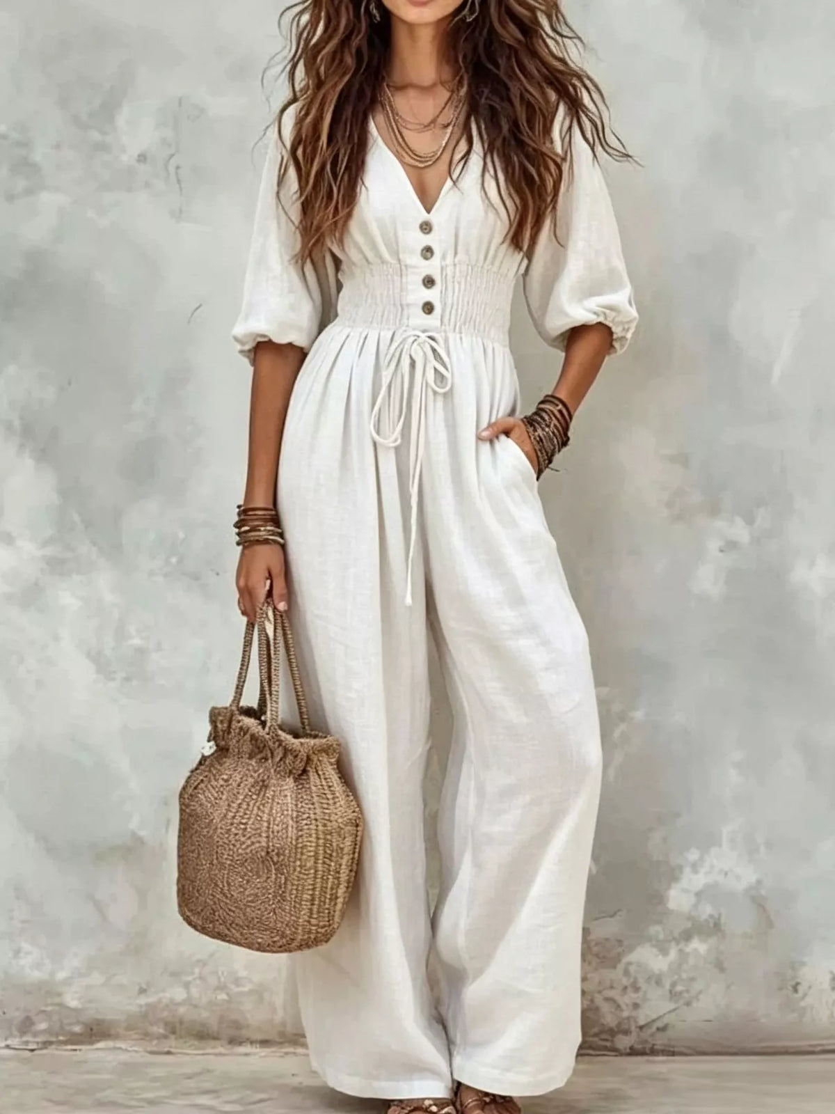 White v-neck smocked-waist wide-leg jumpsuit with button placket and drawstring