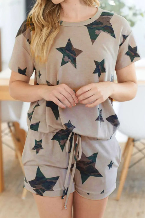 Khaki star-print lounge set with crew-neck tee and matching drawstring shorts