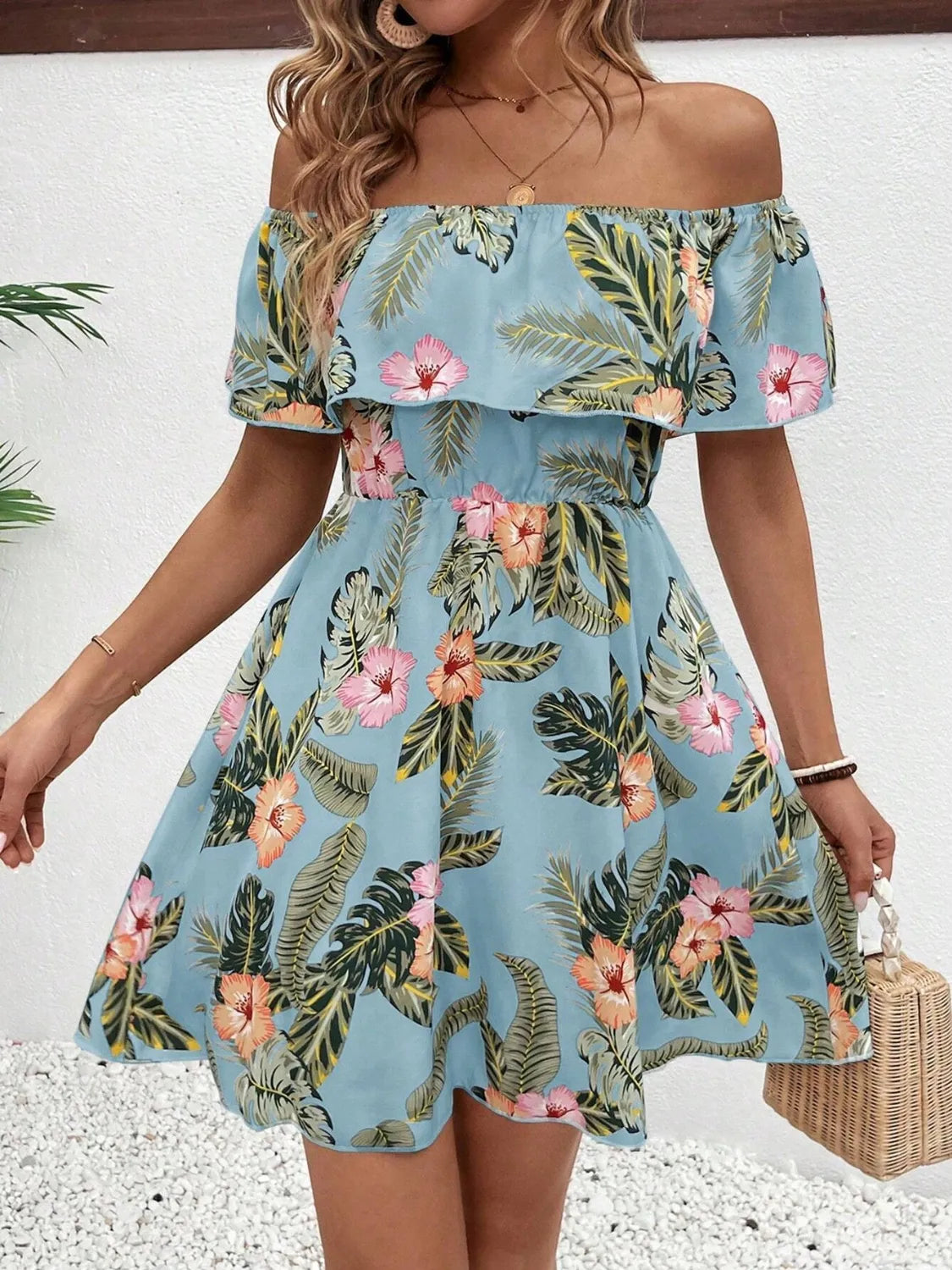 Printed Off-Shoulder Mini Dress in blue tropical floral print