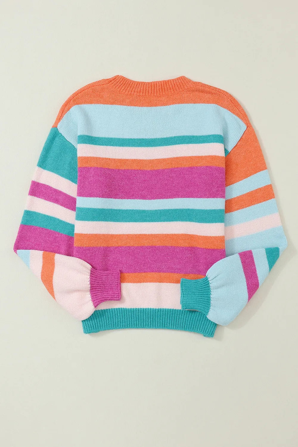 Striped sweater, multicolor horizontal stripes, round neckline, and ribbed hem and cuffs.