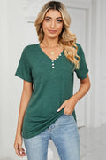 V-neck short sleeve t-shirt in dark green, with button-down neckline detail