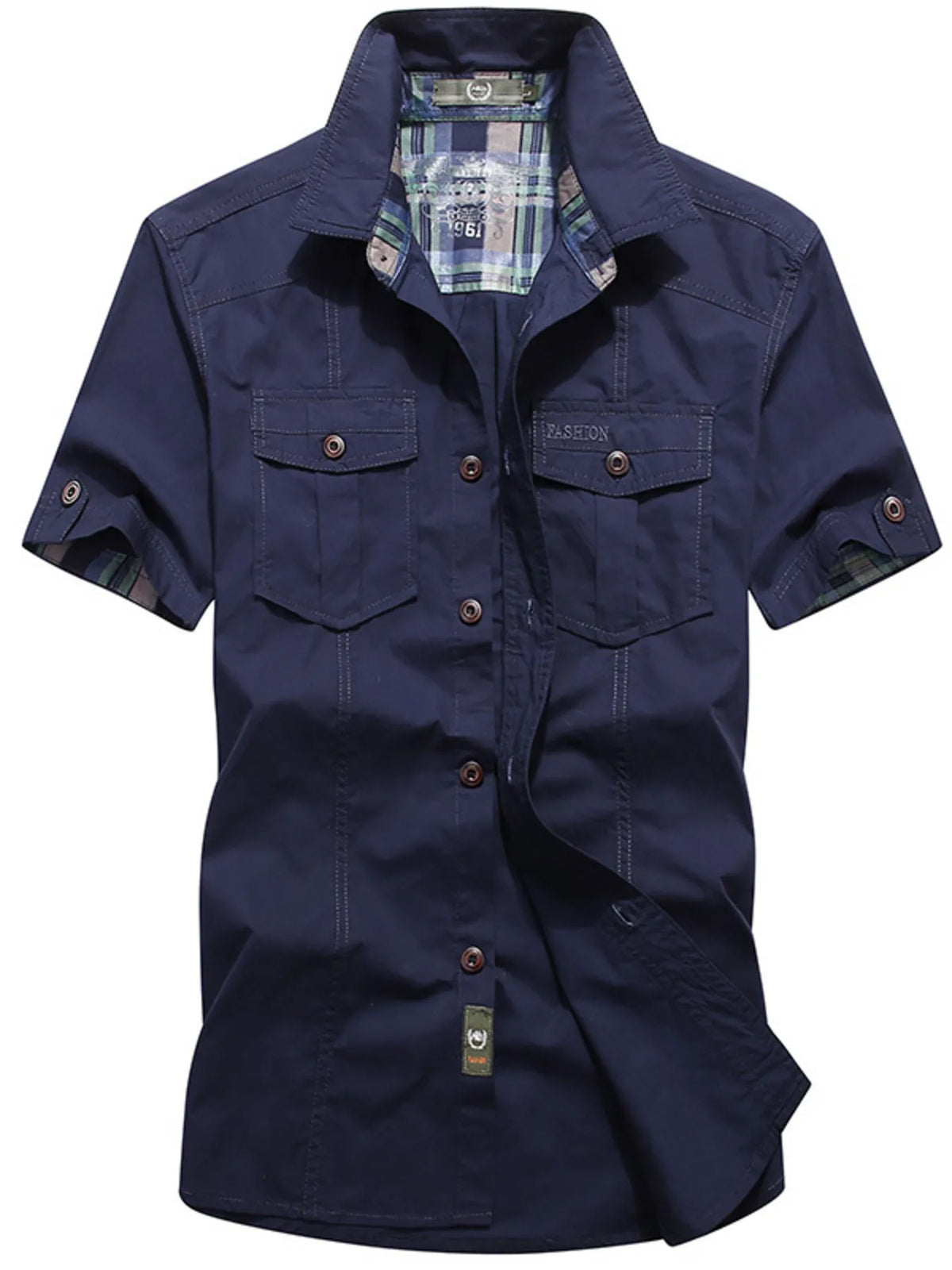 Men's sapphire blue short-sleeve cargo shirt with button front and chest pockets