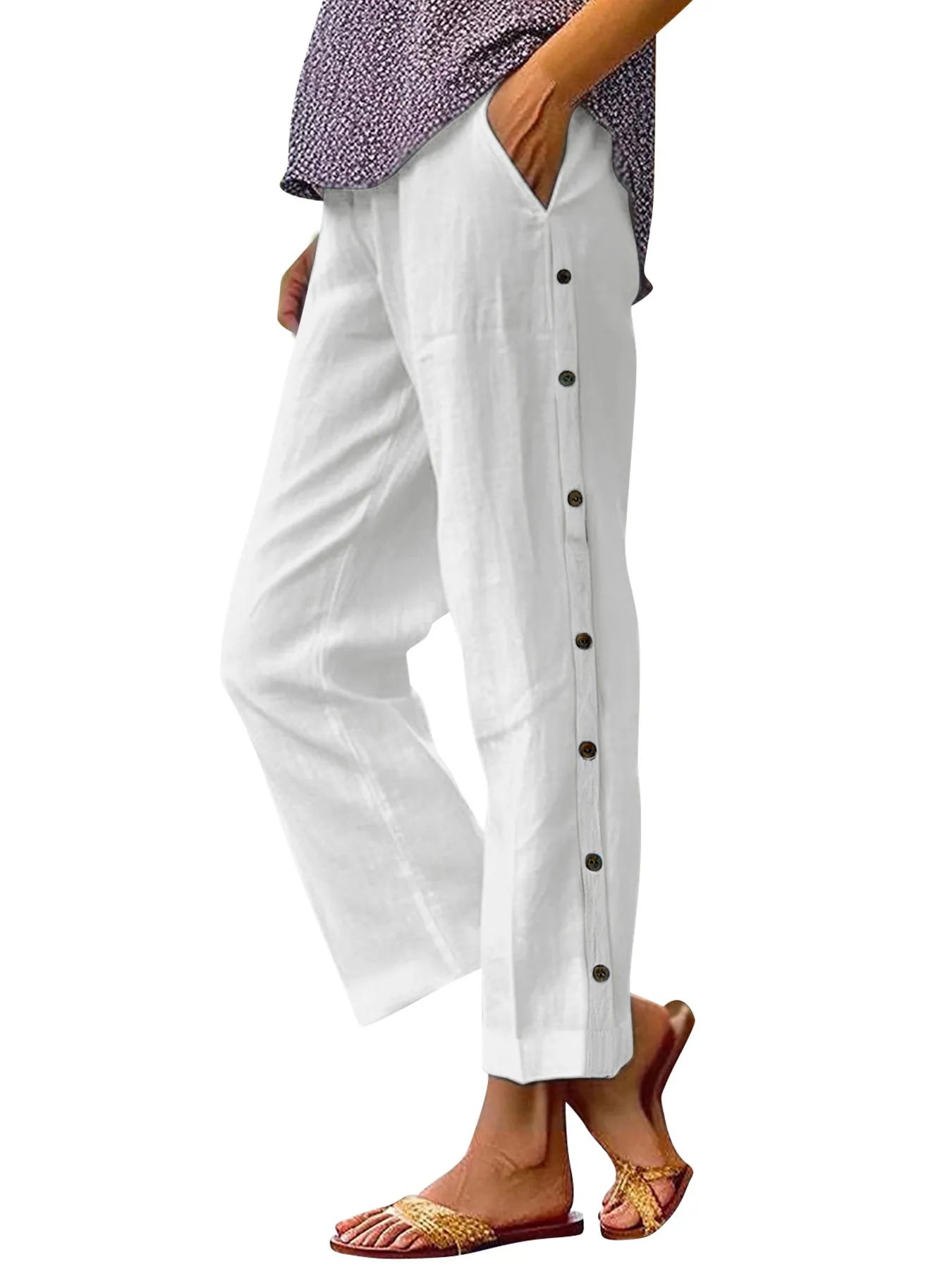 White wide-leg casual pants with side decorative buttons and elastic waist