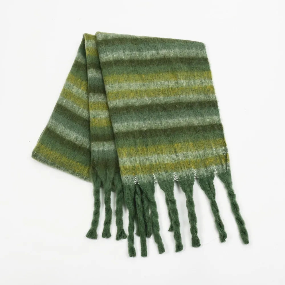 Fringe striped polyester scarf in green, horizontal stripes, long tassels.