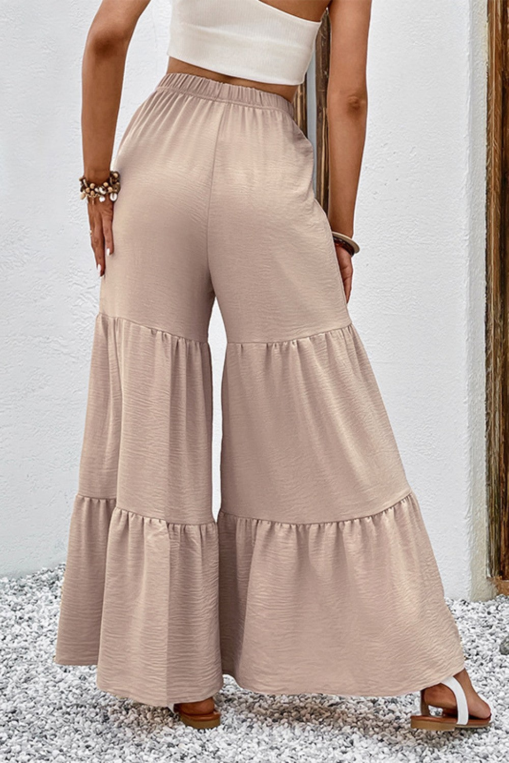Tan tiered wide-leg culottes with adjustable drawstring waist