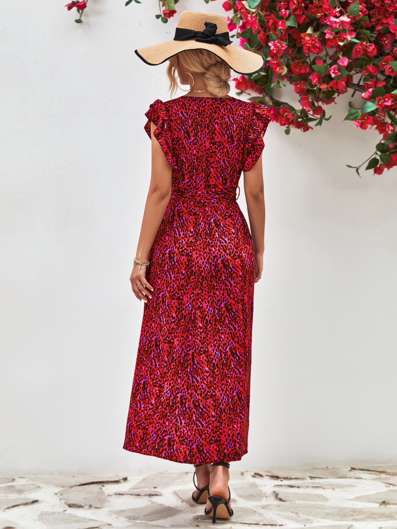 Printed maxi dress back with flutter sleeves, gathered waist, red multicolor print