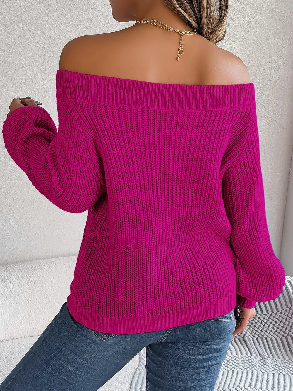 Cerise off-shoulder long sleeve sweater with openwork knit, back view