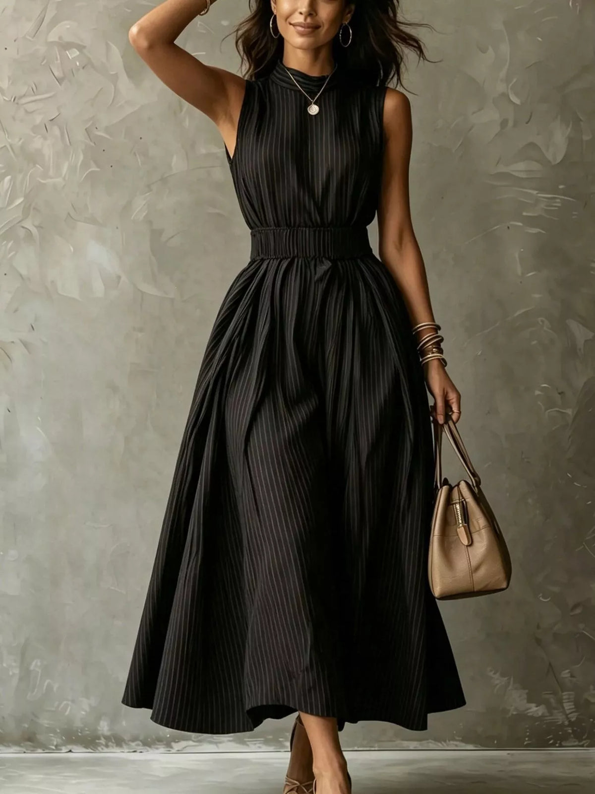 Black vertical striped smocked sleeveless maxi dress with gathered waist and full skirt