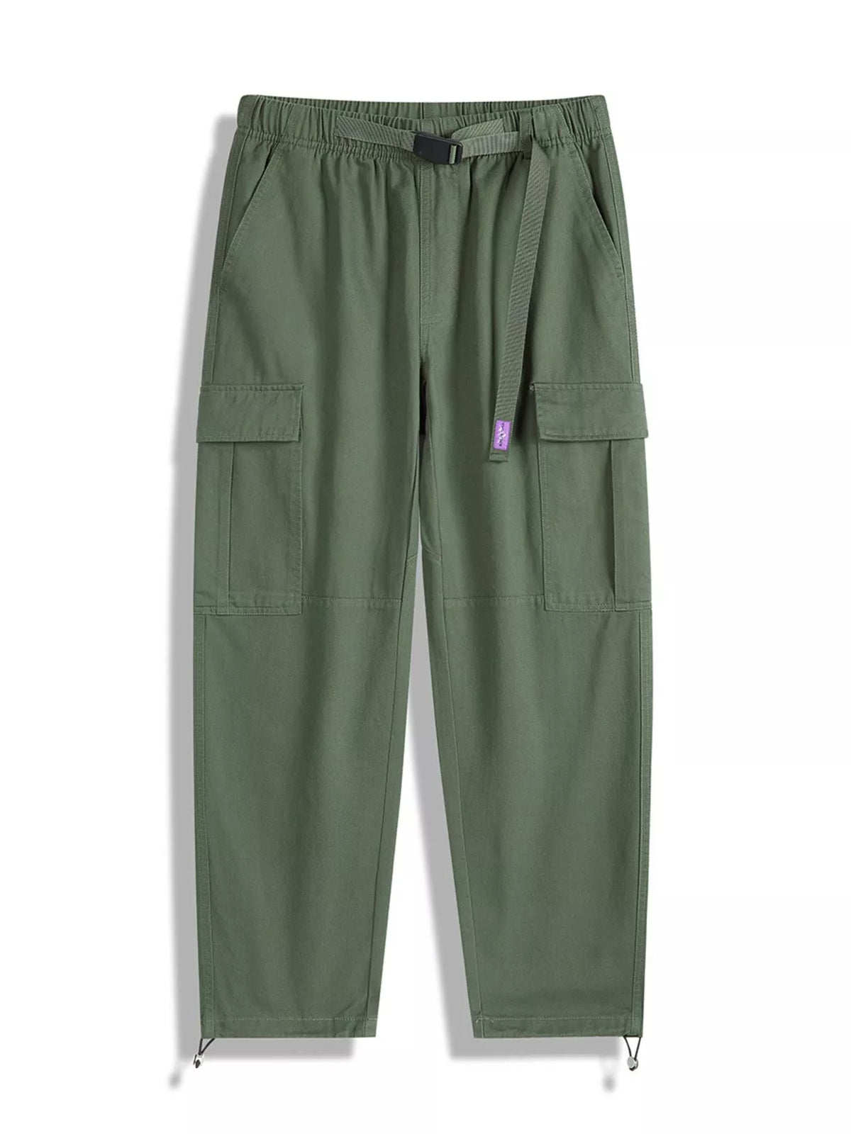 Men's cargo pants in army green, elastic waist, two cargo pockets, tapered leg