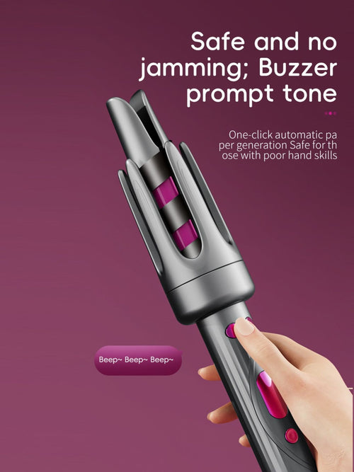 Automatic curling iron with gray housing, pink indicator buttons, and multi-barrel head