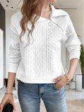 White long-sleeve sweatshirt with collared neck and diagonal zipper detail