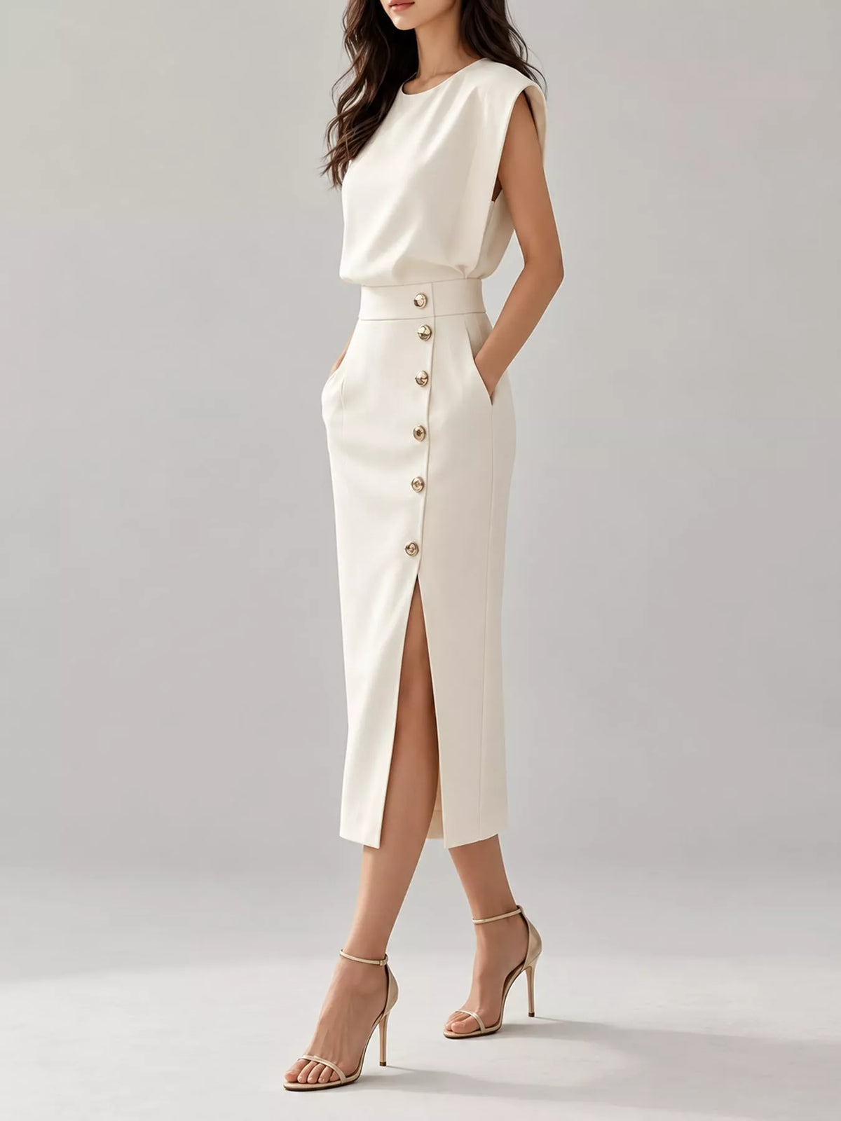 Ivory sleeveless midi sheath dress with gold button front and side slit