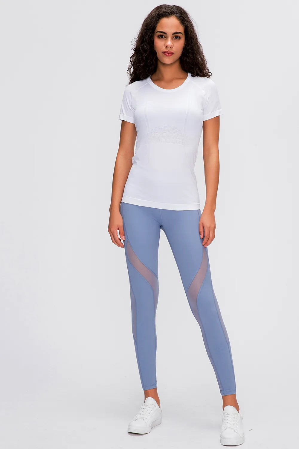 White round-neck short-sleeve active t-shirt, front view.
