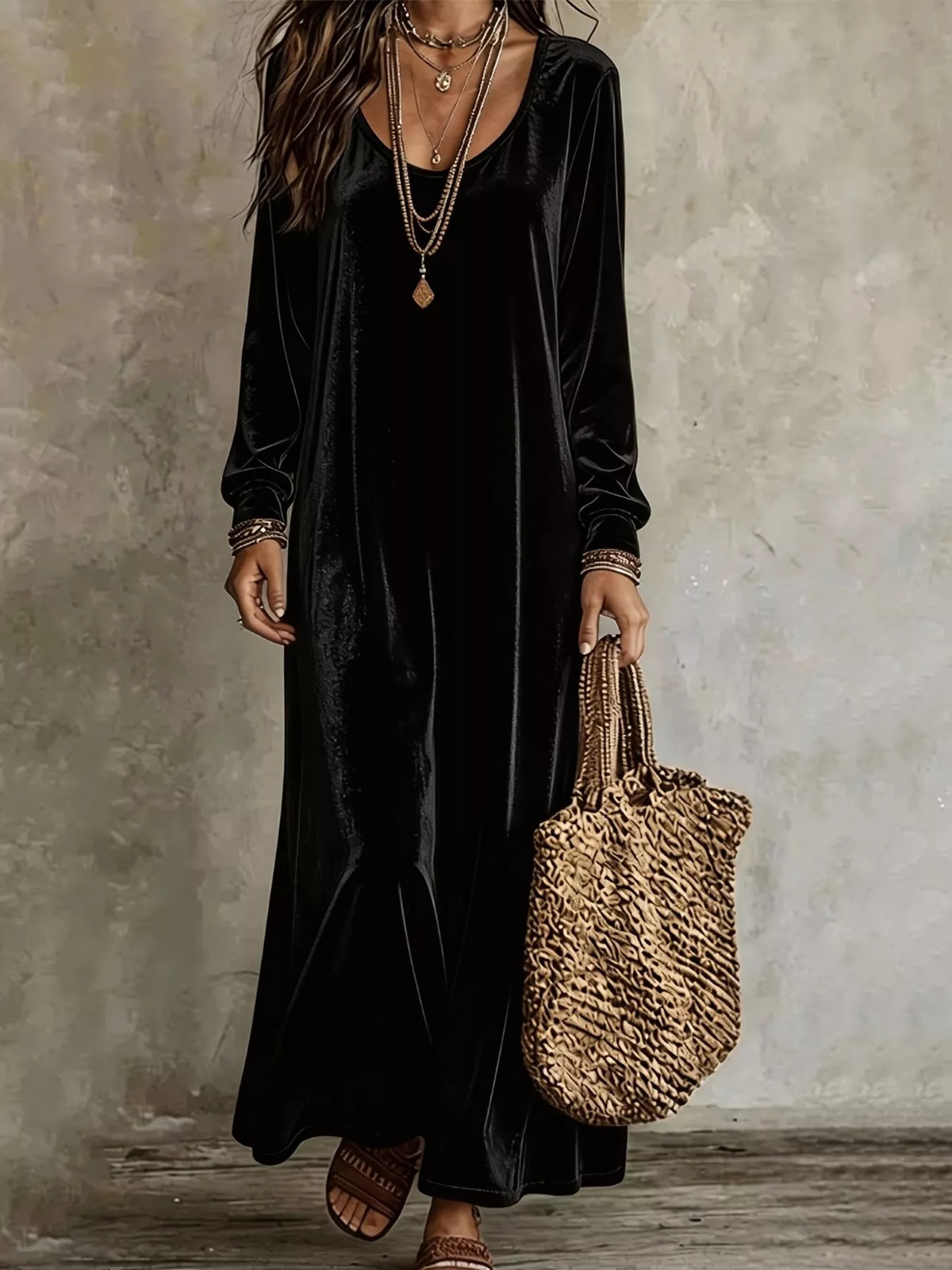 Black soft velvet long-sleeve maxi dress with scoop neckline and decorative sleeve trim