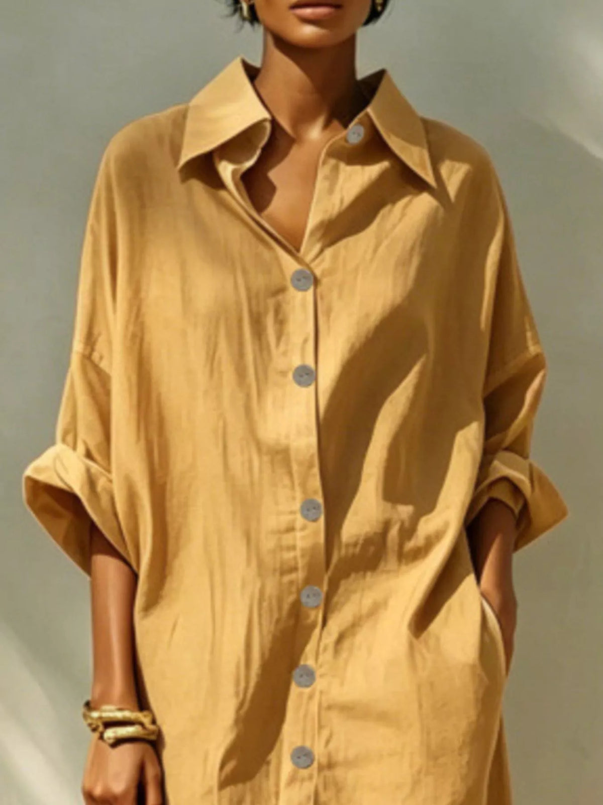 Mustard collared shirt dress with front buttons and relaxed short sleeves
