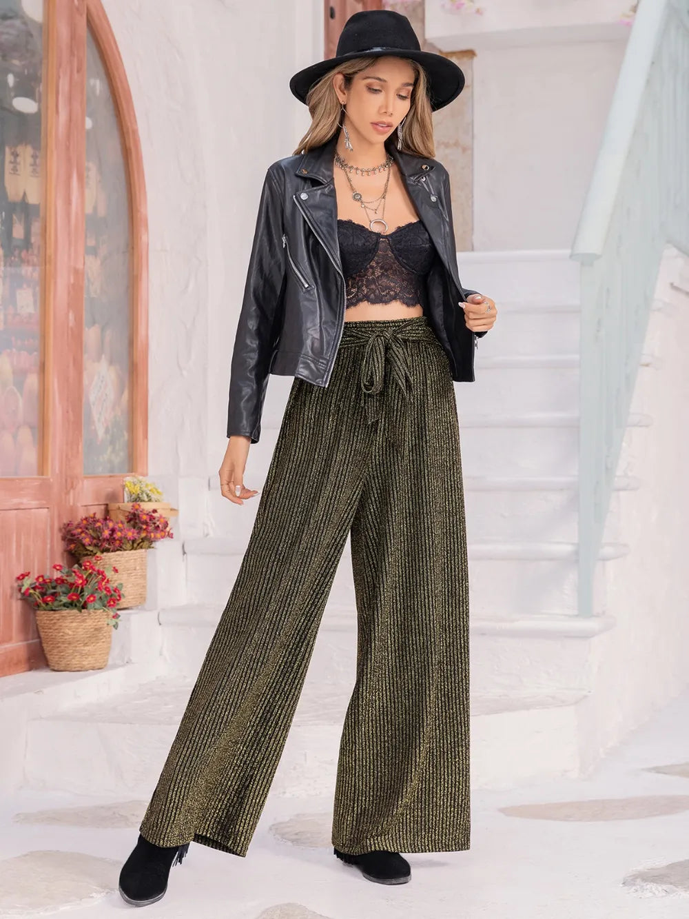 Dark green ribbed wide-leg pants with drawstring waist tie, relaxed fit
