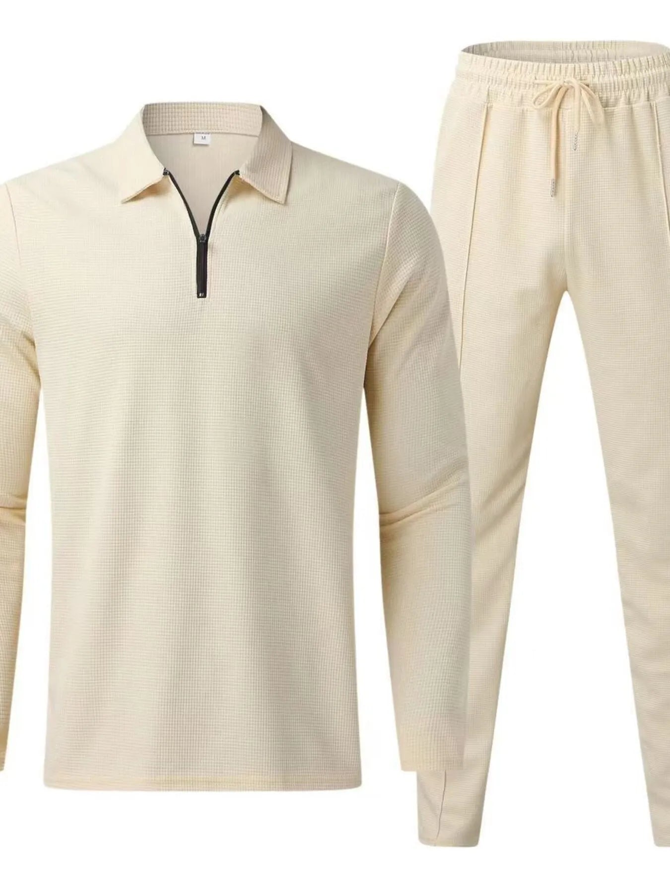 Light beige long-sleeve quarter-zip top and matching jogger pants set
