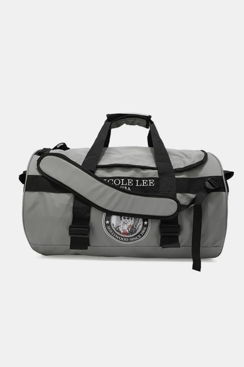 Grey large duffel bag with black trim, front emblem, and long zip pocket