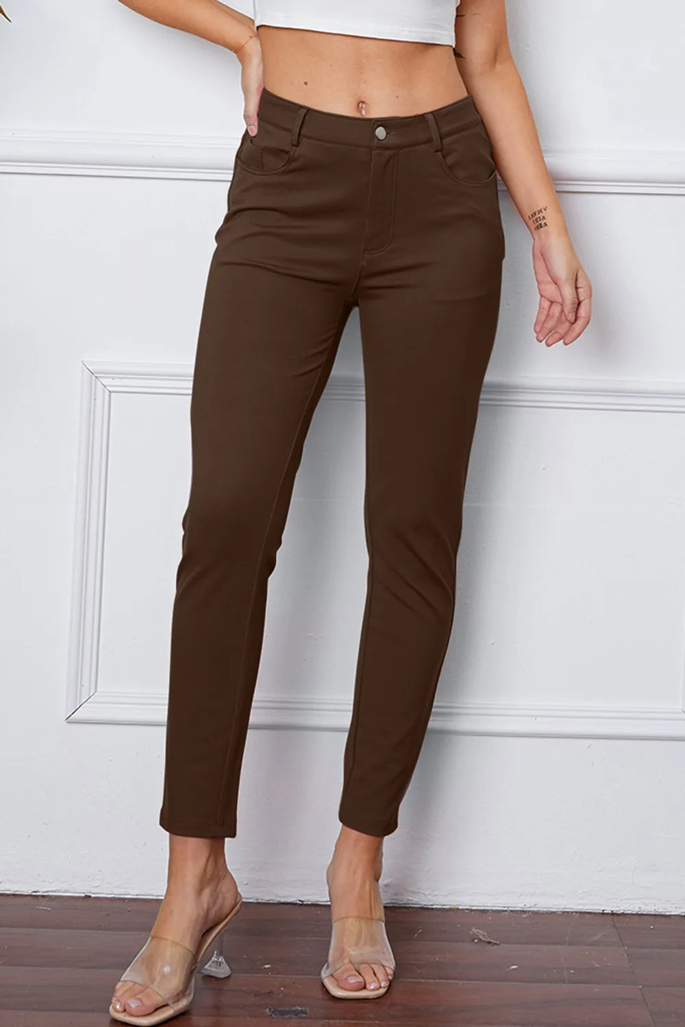 StretchyStitch pants, mocha brown, front view with button closure, belt loops, slim leg
