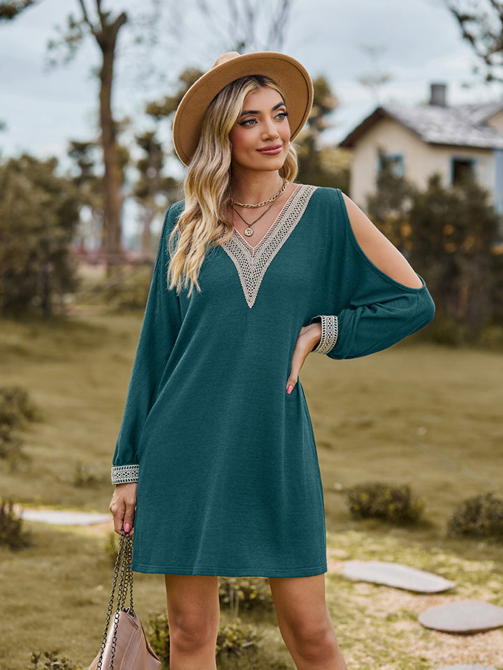 Teal V-neck mini dress with cutout sleeves and embroidered lace trim
