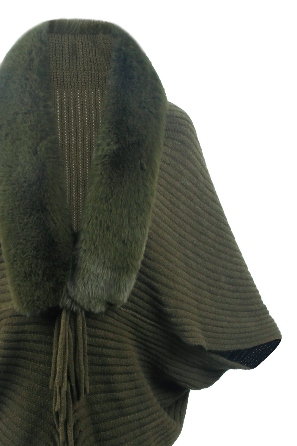 Long-sleeve ribbed poncho with fringe trim, dark green, hood and sleeve detail