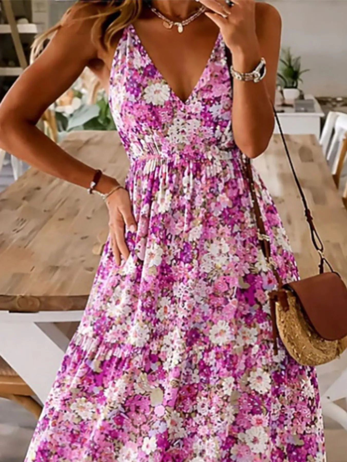 Floral print maxi dress with spaghetti straps, fuchsia and white floral pattern