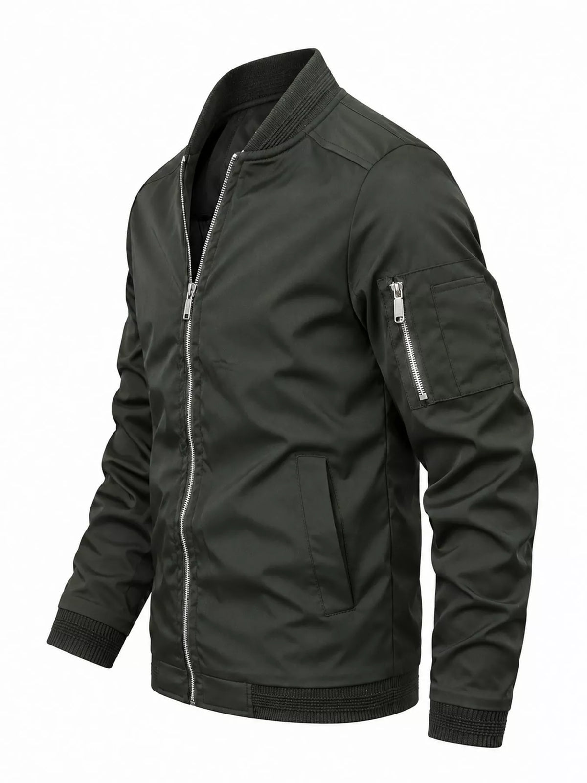 Lightweight men’s bomber jacket in olive green, side view with zip pocket and ribbed hem