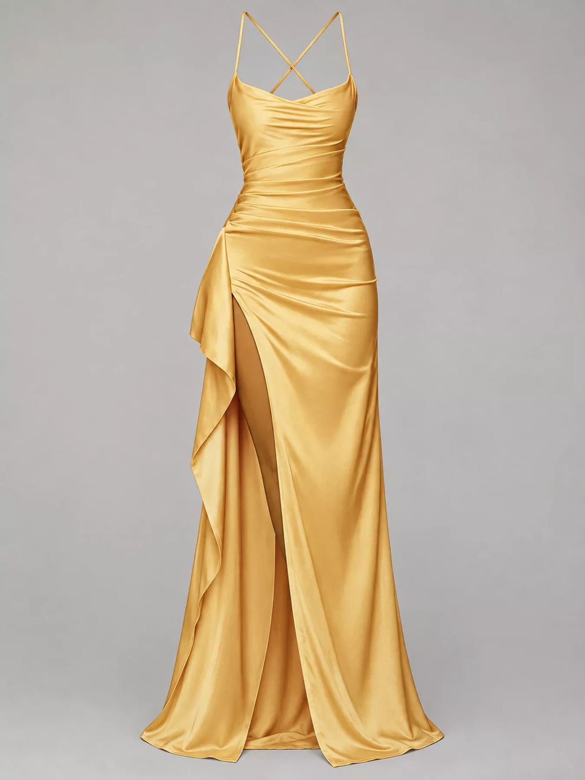 Ruched satin maxi dress with crisscross back straps and draped high slit, golden yellow