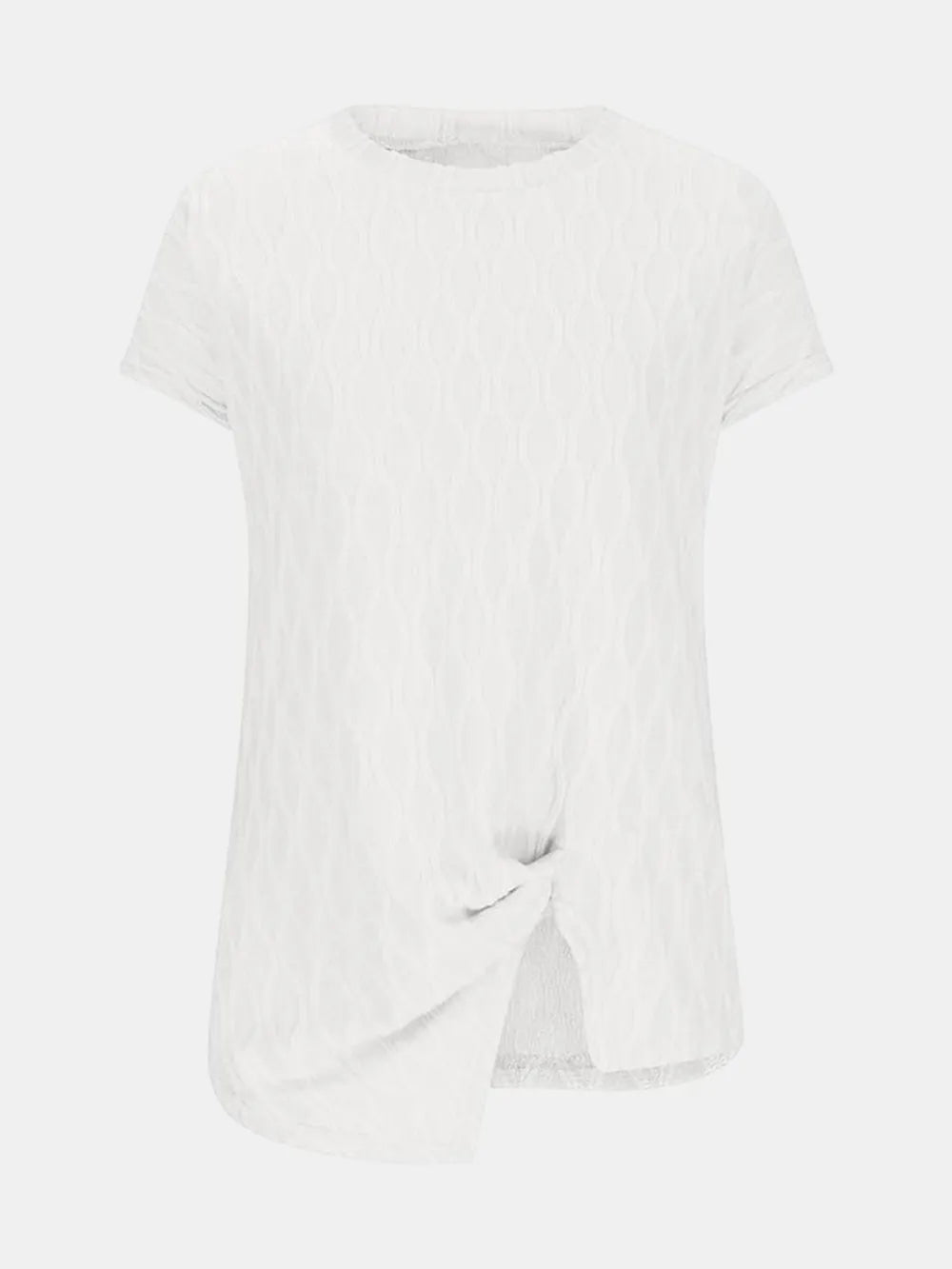 White patterned round-neck short-sleeve T-shirt with side knot