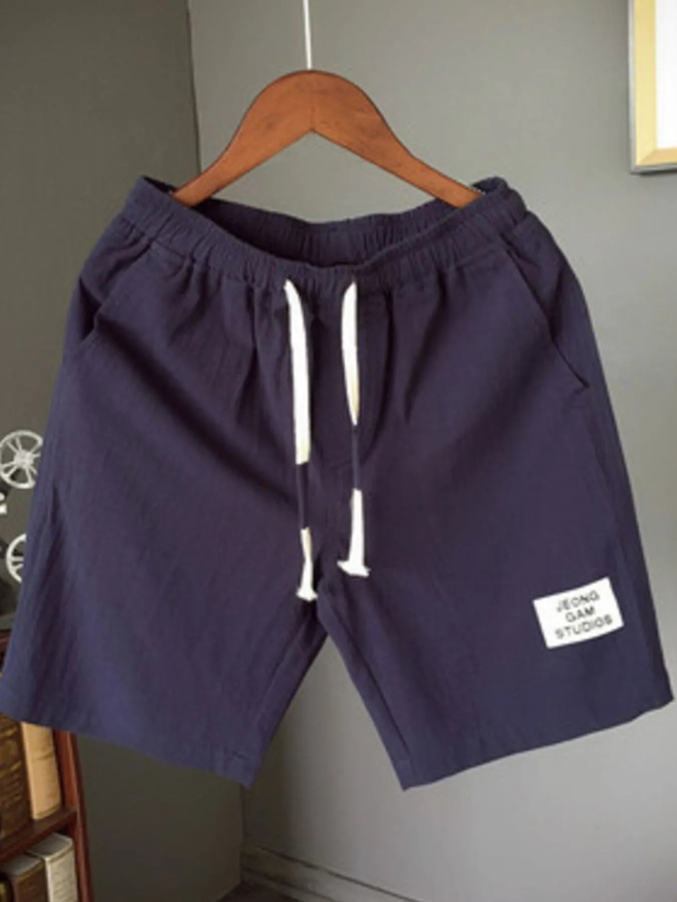 Men's plus size drawstring shorts, dark navy with elastic waistband and drawstring