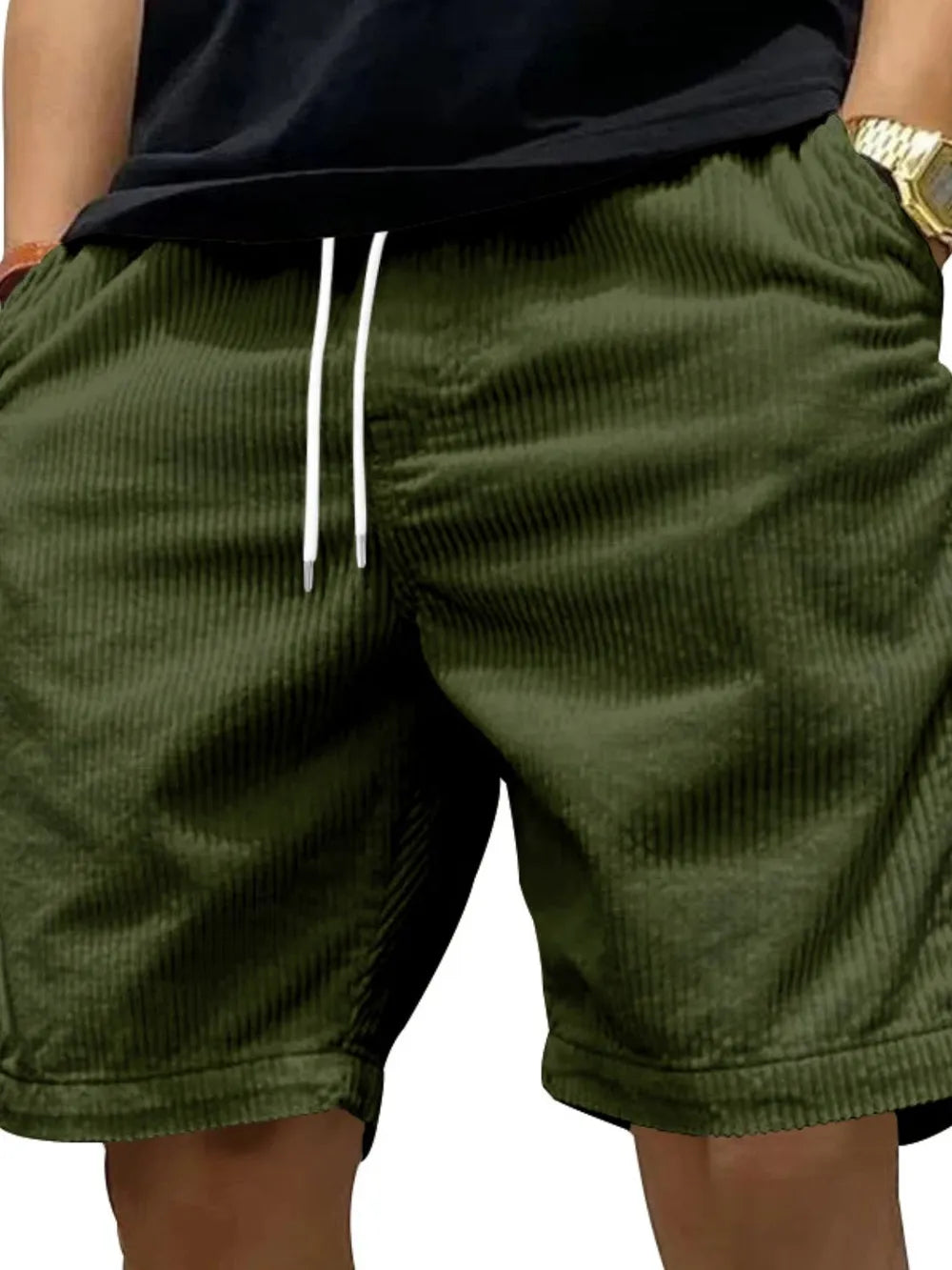 Men's drawstring shorts with side pockets, army green fabric and white drawstring